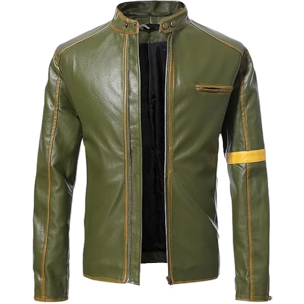 Men's Olive Green Real Leather Jacket with Zip Closure, Chest